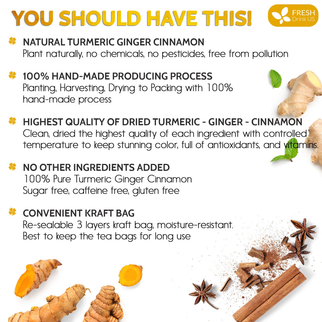 Turmeric, Ginger, Cinnamon Tea, Tea Bags, 100% Natural, Hand-made Blend of Turmeric, Ginger, and Cinnamon. Eco-conscious Tea Bags. Turmeric Ginger Herbal Tea. No Sugar, No Caffeine, No Gluten, Vegan.