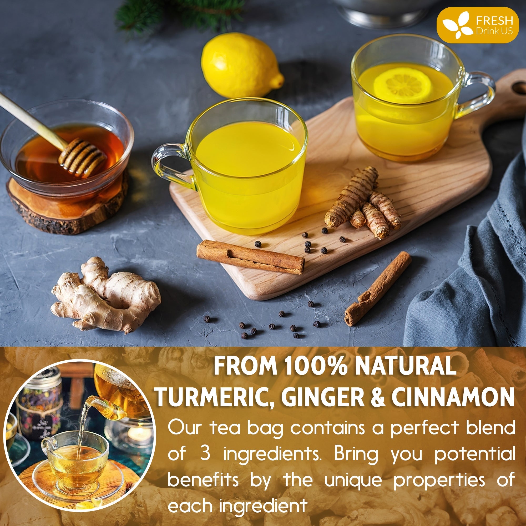 Turmeric, Ginger, Cinnamon Tea, Tea Bags, 100% Natural, Hand-made Blend of Turmeric, Ginger, and Cinnamon. Eco-conscious Tea Bags. Turmeric Ginger Herbal Tea. No Sugar, No Caffeine, No Gluten, Vegan.