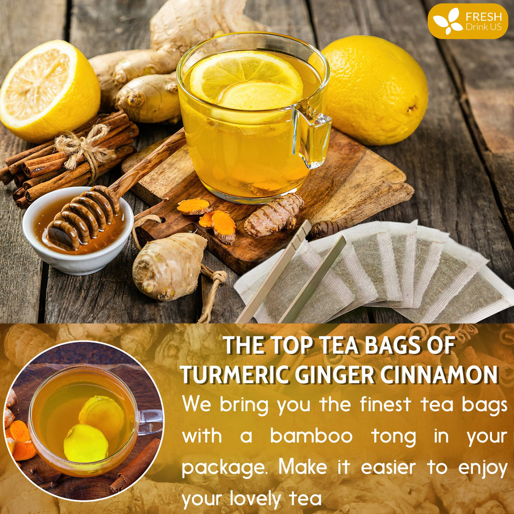 Turmeric, Ginger, Cinnamon Tea, Tea Bags, 100% Natural, Hand-made Blend of Turmeric, Ginger, and Cinnamon. Eco-conscious Tea Bags. Turmeric Ginger Herbal Tea. No Sugar, No Caffeine, No Gluten, Vegan.