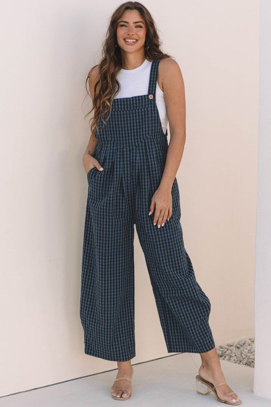 Plaid Print Buttoned Pocketed High Waist Jumpsuits